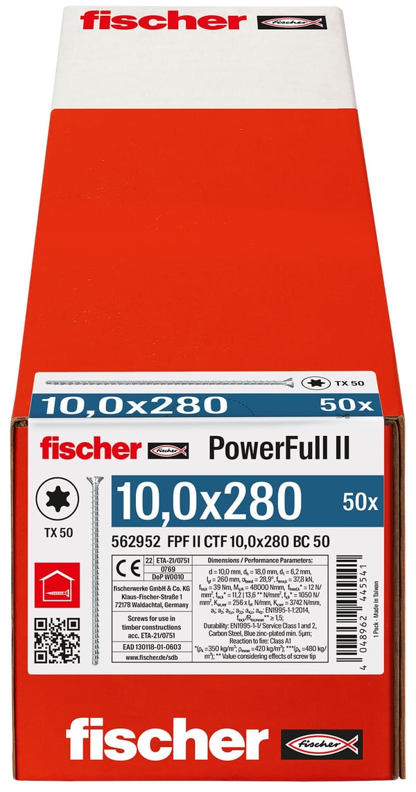 Fischer FPF II CTF 10.0 x 280 BC 50 562952 Puuruuvi 10 mm 280 mm TX Teräs Sinkitty 50 kpl