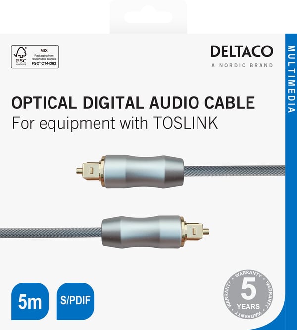 DELTACO - Digial audiokabel (optisk) - SPDIF - TOSLINK hane till TOSLINK hane - 5 m - fiberoptisk - svart, silver