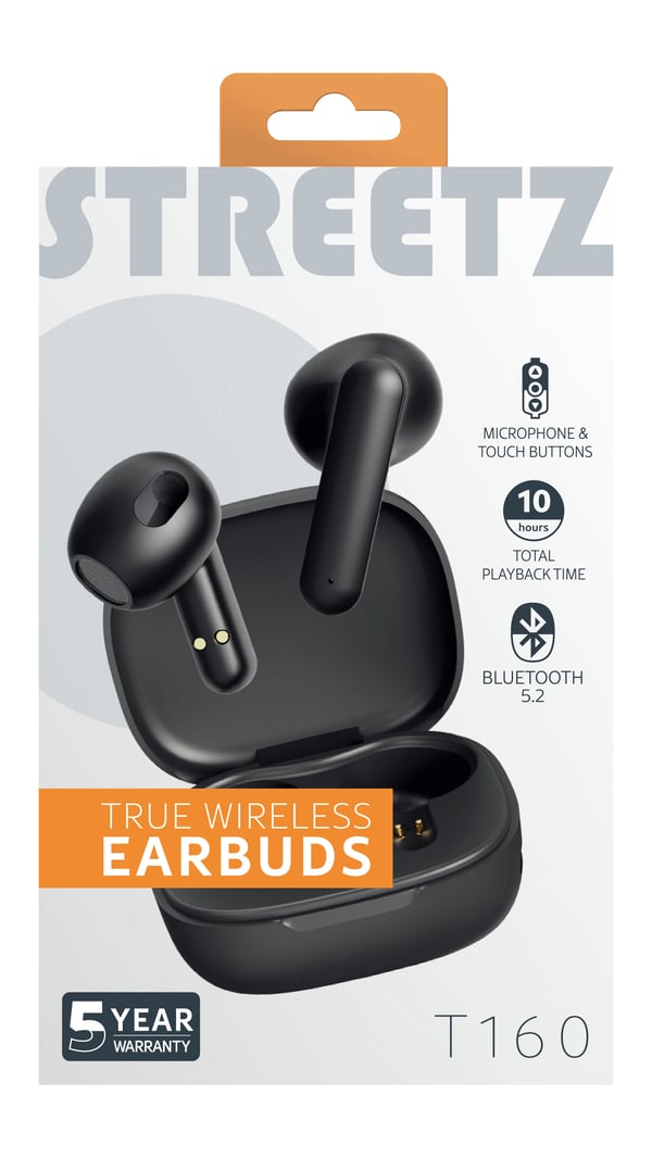 Streetz T160 TWS earphones, black, Langaton, 20 - 20000 Hz, Puhelut/Musiikki, 37 g, Kuulokkeet, Musta