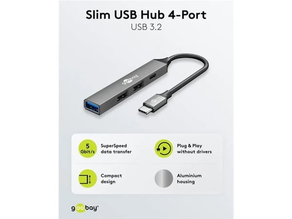 Goobay 74459, USB 3.2 Gen 1 (3.1 Gen 1) Type-C, USB 2.0 Type-A, USB 3.2 Gen 1 (3.1 Gen 1) Type-A, USB Type-C, 5000 Mbit/s, Lysegrå, Aluminium, 0,1 m