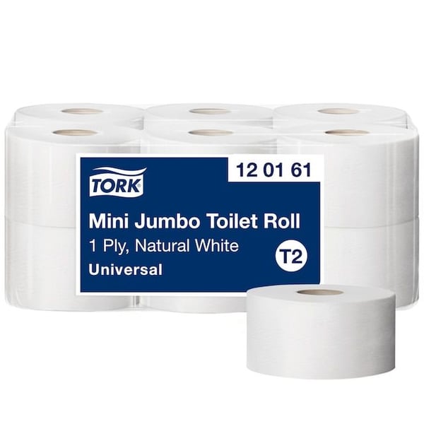 Toalettpapper Tork T2 Mini Jumo, Universal, 1-lagers, oblekt, FSC - (12 rullar per kartong) Toalettpapper Tork T2 Mini Jumo, Universal, 1-lagers, oblekt, FSC - (12 rullar per kartong)
