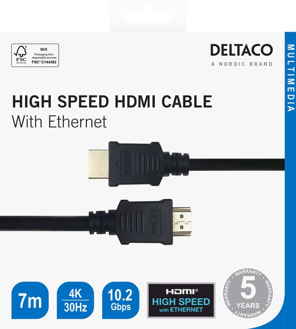 Deltaco Høyhastighets HDMI-kabel med Ethernet, 7 m, svart, 7 m, HDMI Type A (Standard), HDMI Type A (Standard), 3840 x 2160 piksler, 10,2 Gbit/s, S...