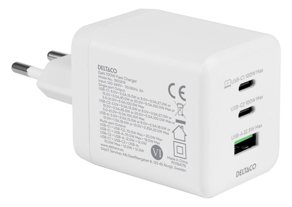 DELTACO Wall Charger - Strømadapter - GaN - 100 watt - 5 A (USB-type A, 2 x USB-C) - hvit