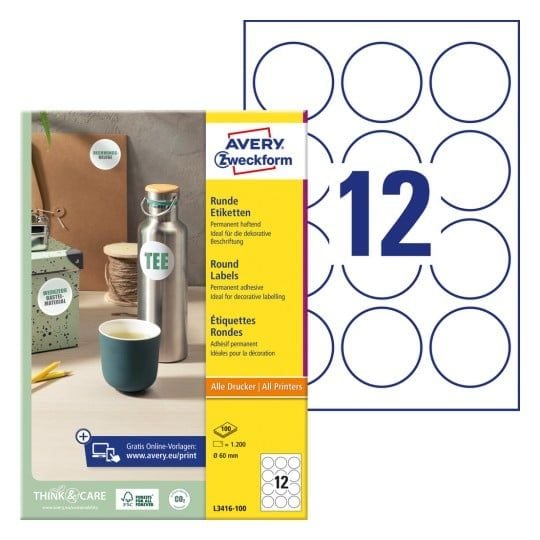 Avery L3416 - Hvit - 60 mm rund 1200 stk (100 ark x 12) runde etiketter Avery L3416 - Hvit - 60 mm rund 1200 stk (100 ark x 12) runde etiketter
