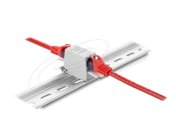 DeLOCK 90934 RJ45-jatkoliitin Cat.6A naaras-naaras DIN-kiskoon harmaa/valkoinen