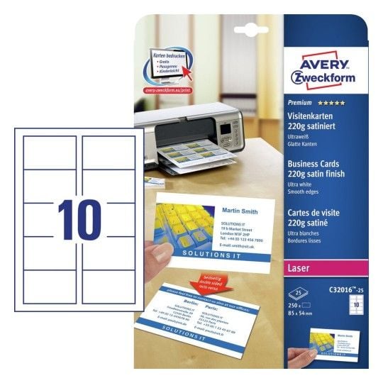 Avery Zweckform C32016-25, Laser/Inkjet, Pahvi, Valkoinen, Satiini, 220 g/m², 250 arkkia