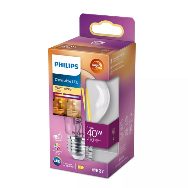 Philips - LED-glödlampa med filament - form: A60 - klar finish - E27 - 3.4 W (motsvarande 40 W) - klass D - varmt vitt ljus - 2700 K