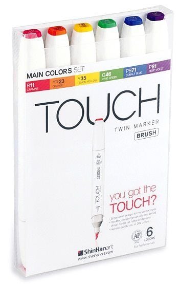 Touch Brush Marker 6stk basis farver, pensel + medium kantet spids - Perfekt til Cozy Coloring