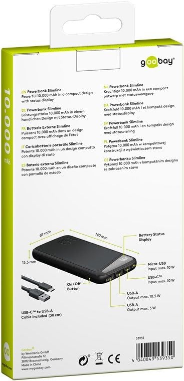 Goobay 53936 -varavirtalähde, 18 W, 10 000 mAh, 2 x USB-A, 1 x USB-C (Power Delivery)