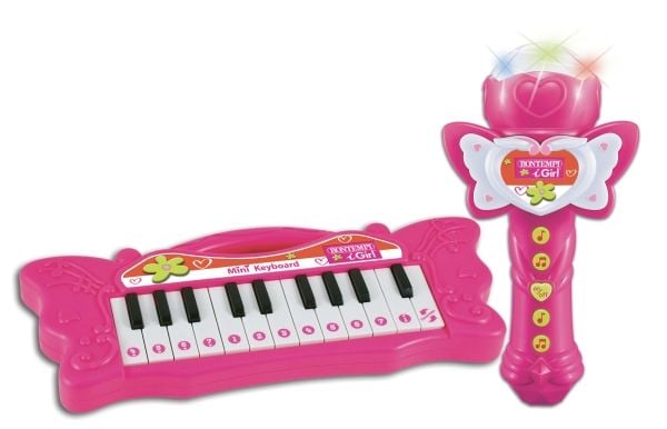 Bontempi Mini Keyboard and Karaoke Microphone, Musikalsk instrument til lek og moro, MIDI-keyboard, 3 år, AA, Flerfarget