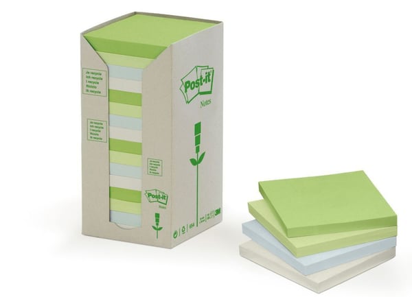 Post-it-lapper til resirkulering, assorterte farger, 76x76 mm, pakke med 16.