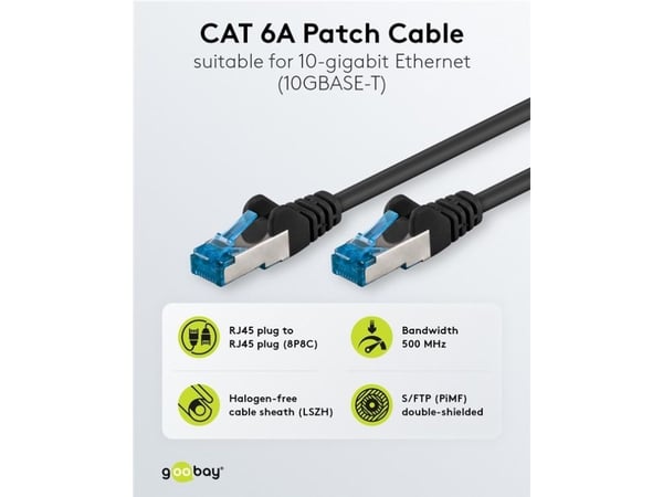 Goobay 67539, 3 m, Cat6a, S/FTP (S-STP), RJ-45, RJ-45, svart, blå