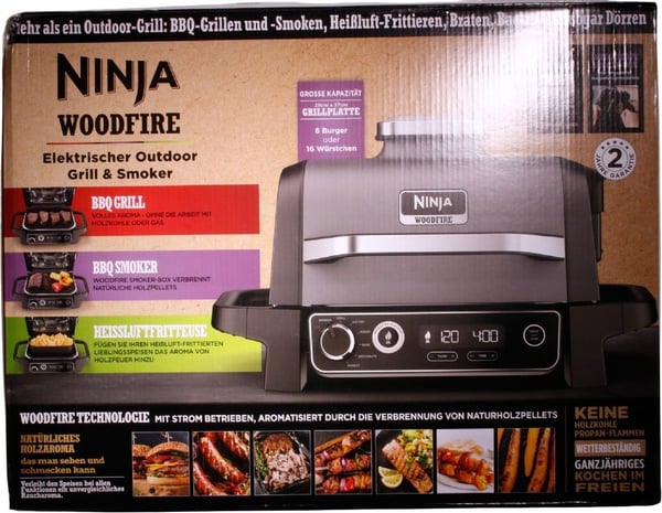 Ninja Woodfire Outdoor Grill, Sort, Metall, Plast, Rustfritt stål, Rektangulær, Griddle, 1 zone(s), 260 °C