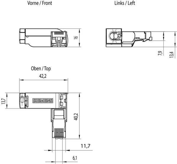 Siemens 6GK1901-1BB20-2AE0 IE FC RJ45 pistoke 90, RJ45 pistoke FC-liitännällä., 90 astetta 6GK19011BB202AE0 Napojen lukumäärä (RJ) 4 1 kpl