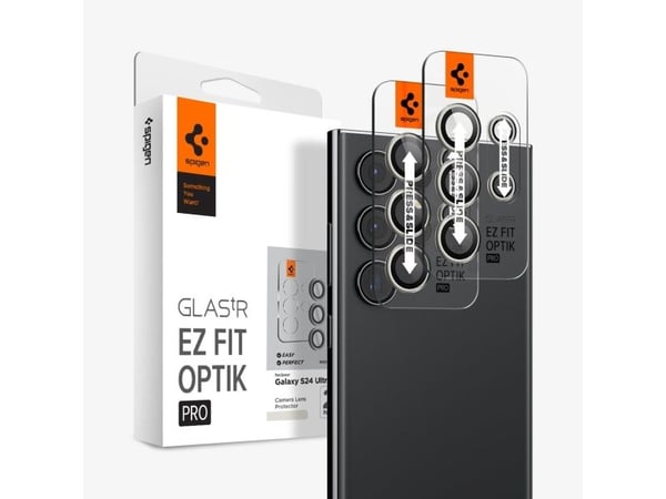 Spigen Optik Pro EZ Fit, Samsung, Galaxy S24 Ultra, Pölynkestävä, Naarmuuntumisenkestävä, musta, Läpinäkyvä, 2 kpl