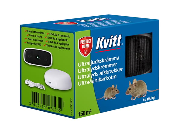 Kvitt® Ultralyds afskrækkertil mus & rotter 150 m2