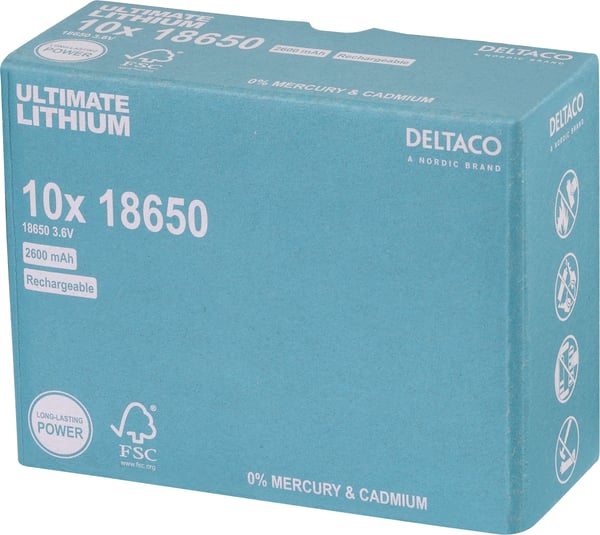 DELTACO Ultimate - Batteri 10 x 18650 - Li - 2600 mAh - blå