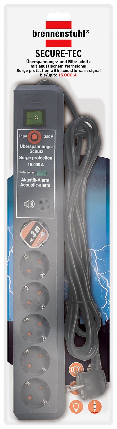 Brennenstuhl 1159541376, 3 m, 6 växelströmsuttag, Inomhus, Antracit, 16 A, Högspänning