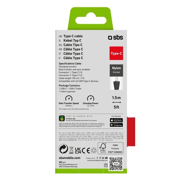 SBS TECABLETISSUETCCB, 1,5 m, USB C, USB C, USB 2.0, 480 Mbit/s, Musta