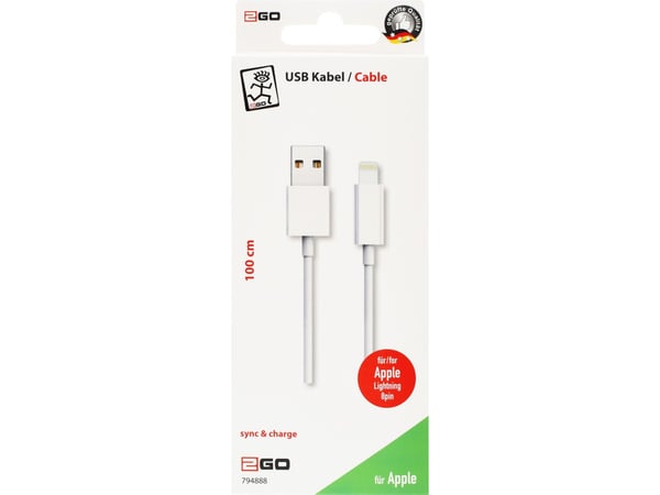 2GO 794888, 1 m, Lightning, USB B, Hankjønn, Hankjønn, Hvit