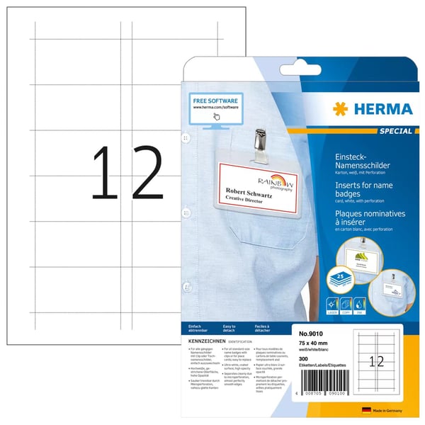 HERMA Special - Ikke-adhesiv - perforert - hvit - 75 x 40 mm 300 kort (25 ark x 12) etiketter til navneplater