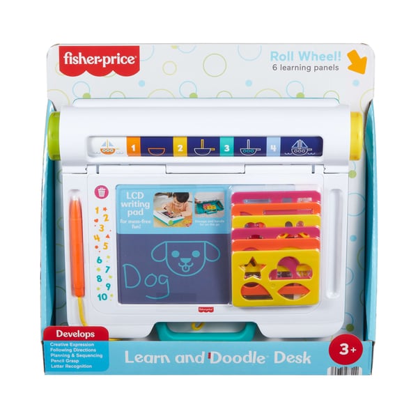 Fisher-Price Learn & Doodle Desk, sotkuton kirjoitus- ja piirustustabletti, jossa LCD-näyttö, lapsille, 3 vuosi/vuosia, Tarvitsee patterit, LR44, M...