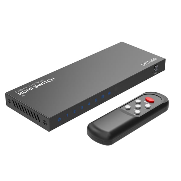 DELTACO - Video-/audiokytkin - 5 tuloa 1 lähtö, 8K@60Hz, kaukosäätimellä - 6 x HDMI - pöytätietokoneet