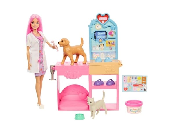 Barbie Fast Cast JFX93 eläinlääkäriklinikan leikkisetti, 10+ tarviketta