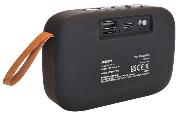 Streetz S101-BLK, 3 W, 20 - 20000 Hz, 4 O, Langaton, 10 m, USB A-tyyppi