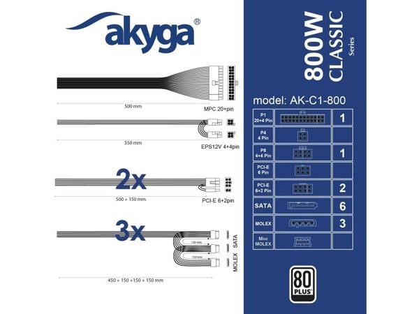 ATX 800W virtalähde Akyga AK-C1-800 P4+4 2x PCI-E 6+2 pin 6x SATA 3x Molex APFC FAN 12cm
