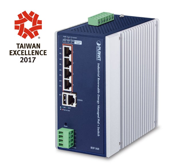 PLANET BSP-360 - Switch - Styrt - 4 x 10/100/1000 (PoE+) + 1 x 10/100/1000 - DIN-skinnemonterbar, veggmonterbar - PoE+