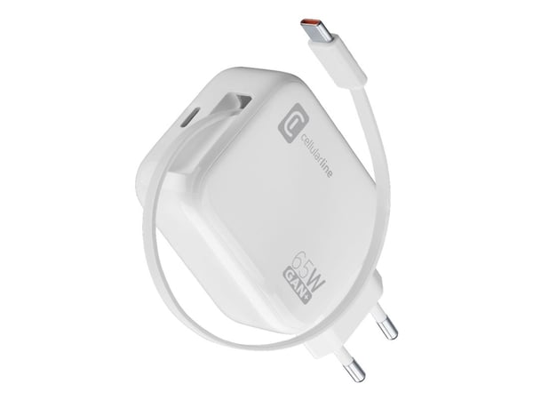 Cellularline Retractable Power 65W, Innendørs, AC, 0,9 m, Hvit