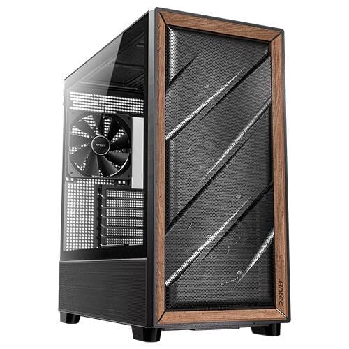Antec FLUX PC-kabinett, Midi Tower, E-ATX, sidepanel i herdet glass, svart/tre