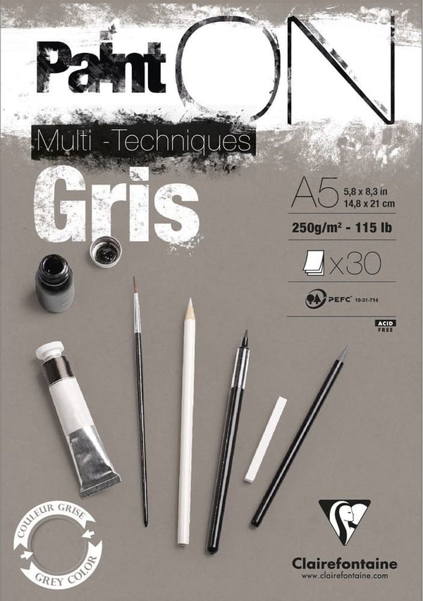 Paint-On block A5 250 g 30 ark grått papper, mixed media, topplimmat
