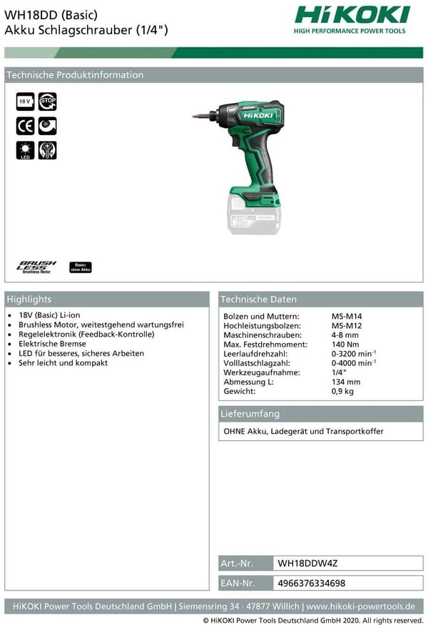 HiKOKI WH18DDW4Z iskuruuvinväännin 18 V 140 Nm 0-3200 1/min