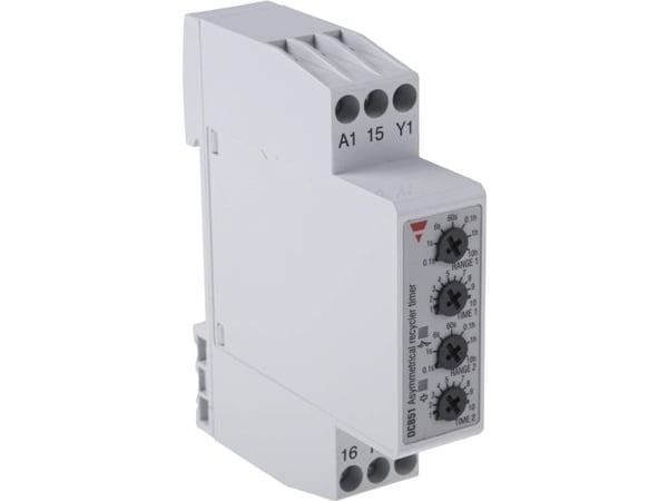 CARLO GAVAZZI Epäsymmetrinen kello, tauko- tai pulssikäynnistys, 1CO potentiaalivapaa 5A, 250VAC, kelan jännite 24VDC / 24-240VAC, 0,1s.-100h., DIN