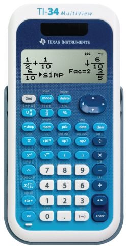 Texas Instruments TI-34, Lomme, Vitenskaplig, 10 sifre, 4 linjer, Batteri/Solcelle, Blå, Hvit