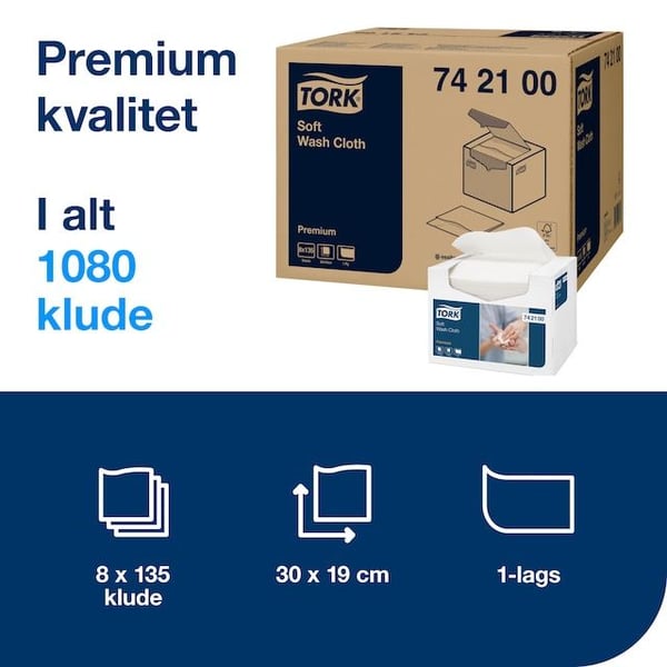 Tvättlapp Tork Premium Soft 300x190 mm 1-lagers vit - (8 förpackningar x 135 st. per kartong)