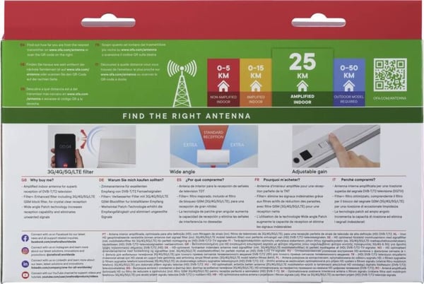 One For All SV 9386 5G, Innendørs, Hvit, DVB-T, DVB-T2, UHF, 280 mm, 48 mm
