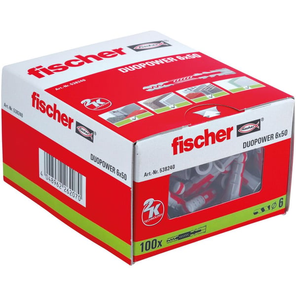 Fischer DuoPower, Veggplugg, Lettbetong, Murstein, Betong, Murverk, Gipsplater, Nylon, Grå, Rød, 6 mm, 50 mm