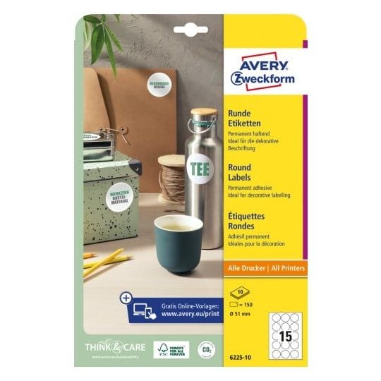 Produktetiketter Avery Ø51 mm hvid - (10 ark x 15 stk.)