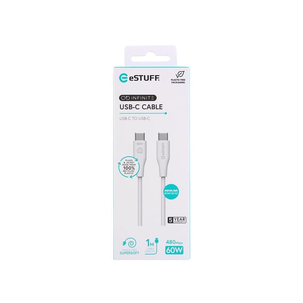 eSTUFF INFINITE - USB-kabel - USB-C (hann) rett til USB-C (hann) rett - USB 2.0 - 1 m - USB Power Delivery (60W), 100 % resirkulert plast - hvit