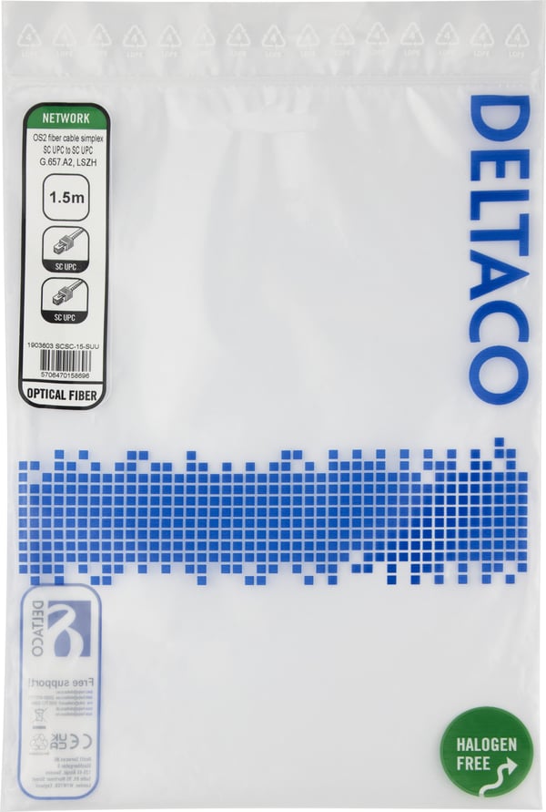 DELTACO - Liitäntäkaapeli - SC/UPC - SC/UPC - 1,5 m - 1,5 m. - valokuitu - simplex - OS2 - halogeeniton - keltainen