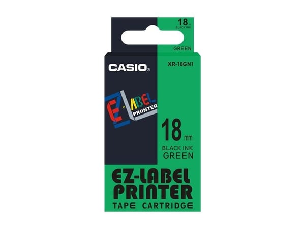 Casio XR-18GN1 - Selv-adhesiv - sort på grønt - Rull (1,8 cm x 8 m) 1 kassett(er) merketape - for Disc Title Printer CW-L300; KL 170, 780, 8100