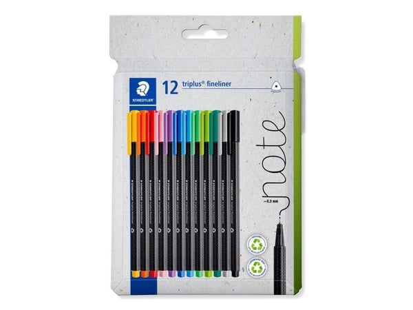 Staedtler 334 C12, Sort, Blå, Grønn, Grå, Lyseblå, Lysegrønn, Oransje, Rosa, Rød, Fiolett, Gult, Superfin, Resirkulert plast, Trekant, Vann-basert ...