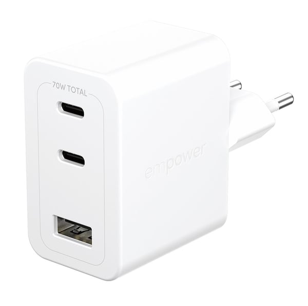 PanzerGlass empower by ® Turbo 70W Multiple Oplader inkl. 2 x USB-C + USB-A | EU Stik | Silver White, Universel, Universal - Universal, Tør påførin...