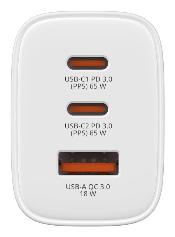 Verbatim Essentials - Strømadapter - GaN - 65 watt - 3 A - Power Delivery 3.0 + PPS, QC 3.0 - 3 utgangskontakter (USB-C, USB) - hvit - Europa