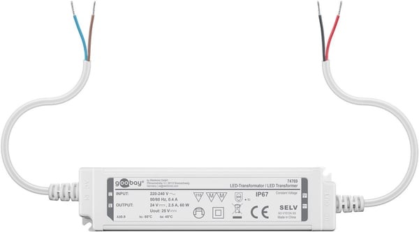 Goobay 74769, Elektroninen valaistusmuuntaja, Valkoinen, IP67, -20 - 45 °C, 60 W, 220 - 240 V