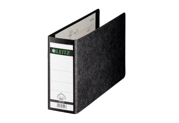 LEITZ hard pappmappe, 180 grader, DIN A5 liggende, 77 mm, svart omslag laget av hard papp, med limt baketikett (1076-02-00)