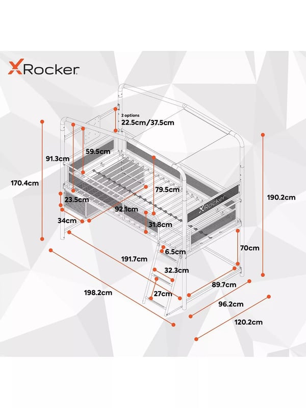 XROCKER Gaming Loftseng Sort 90x190cm/TV-feste/Metal